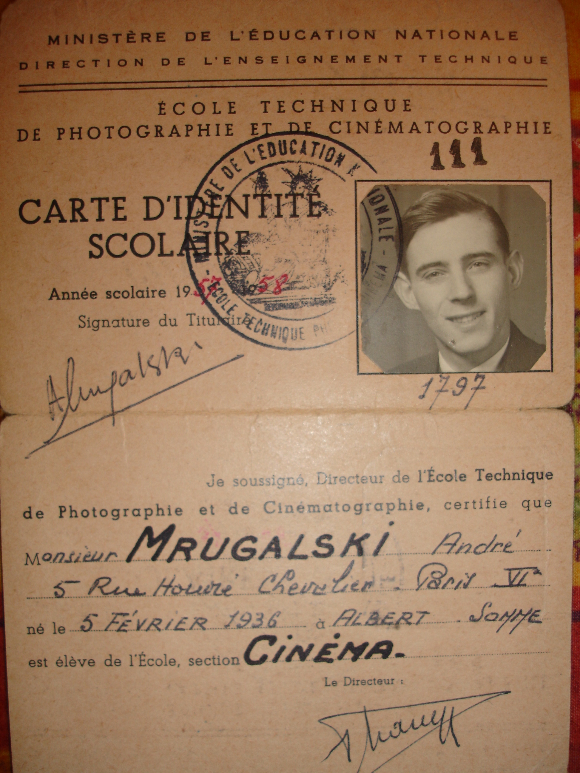 Carte d'identité scolaire Vaugirard