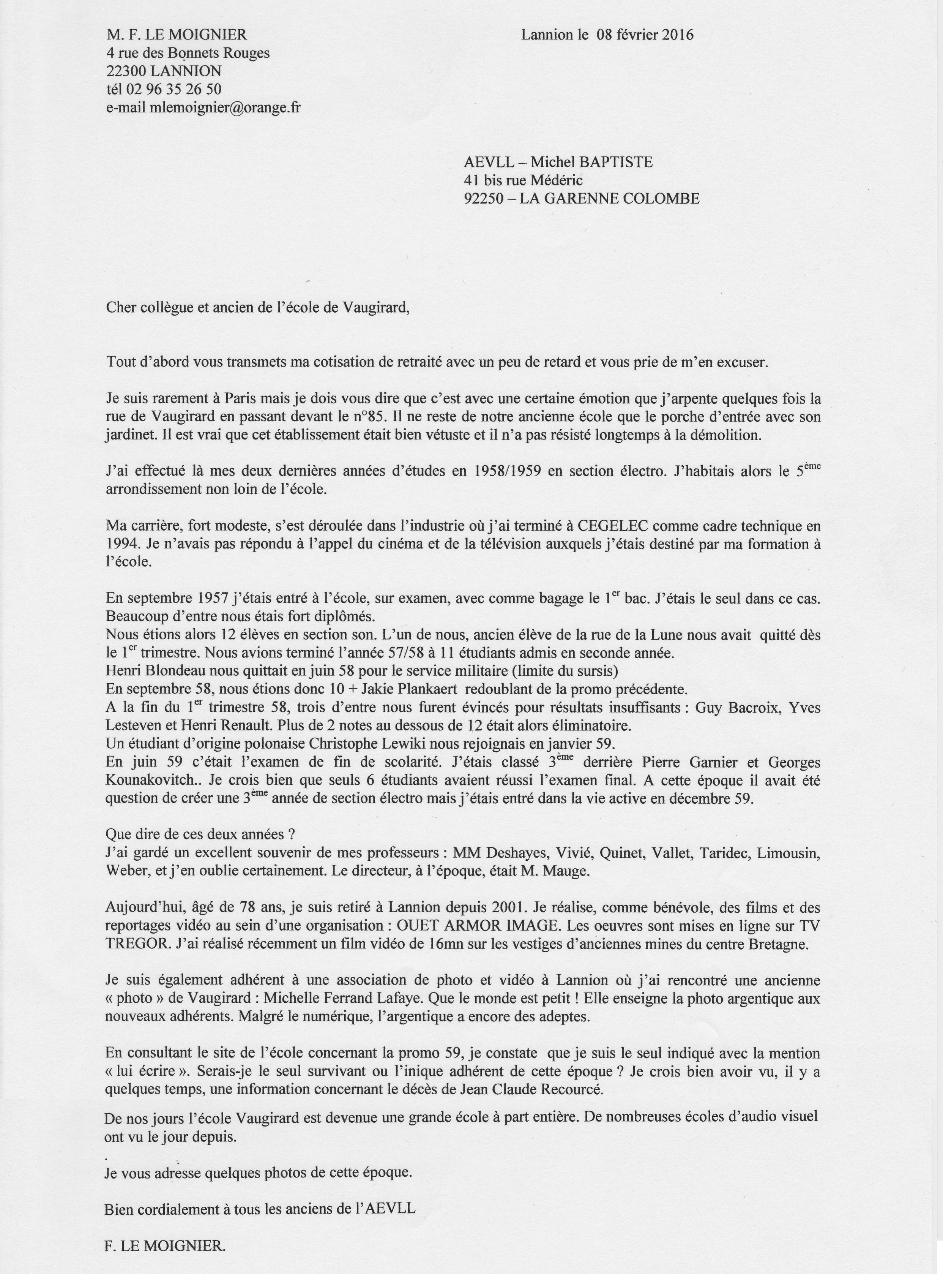 Lettre Ferdinand LE MOIGNIER
