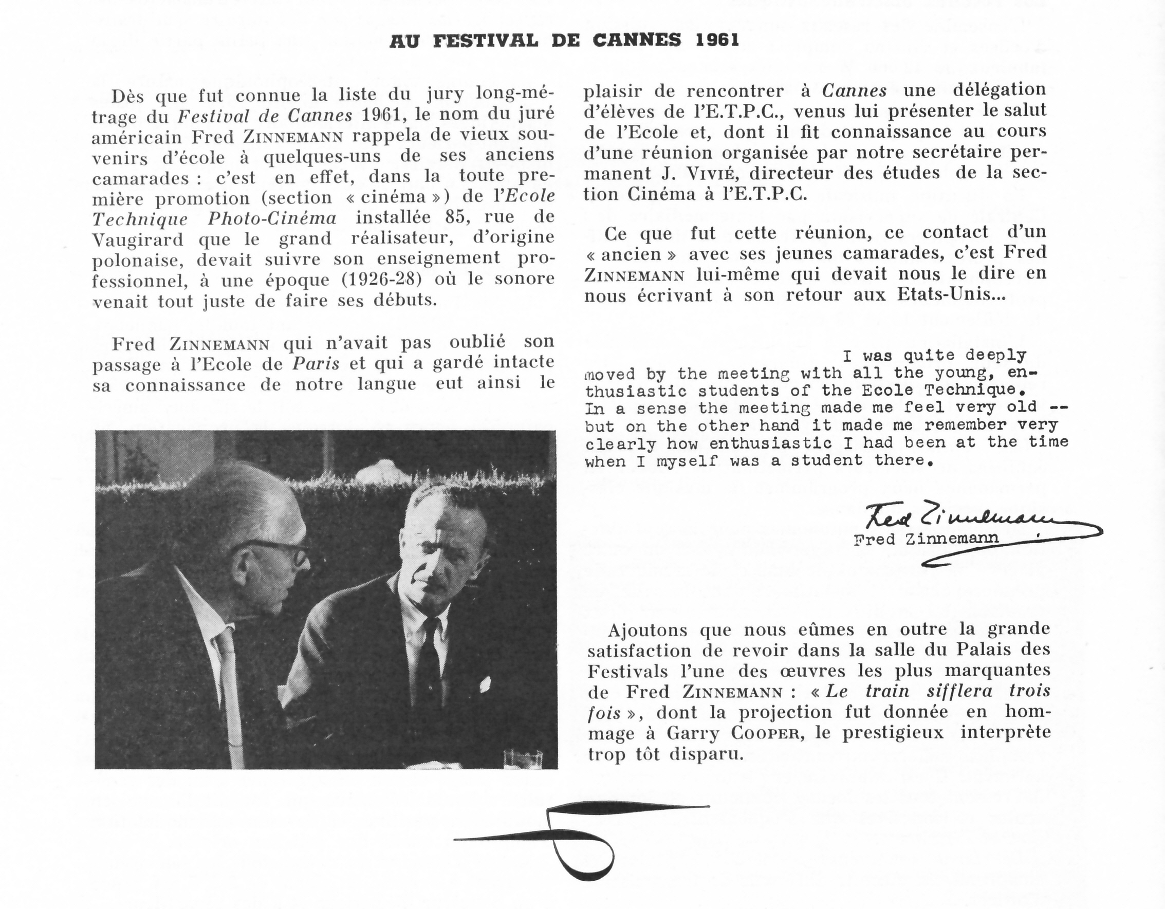 Fred Zinnemann (Ciné 29) au Festival de Cannes 1961