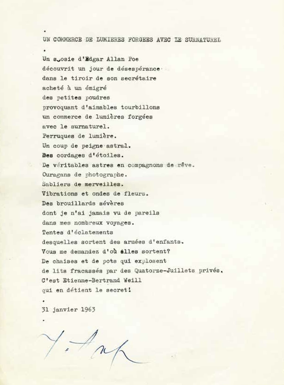 Poème de Jean Arp dédicacé à Etienne Bertrand Weill (1963)